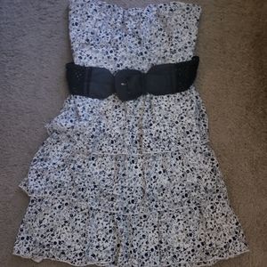 Deb-white floral, strapless dress with brown belt, size XL